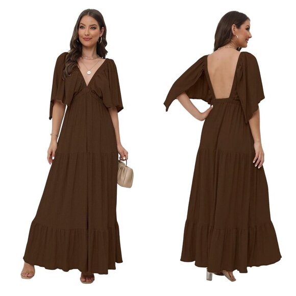 Sunnow Maxi Chocolate Brown V-Neck Dress - Size Small - Picture 1 of 7